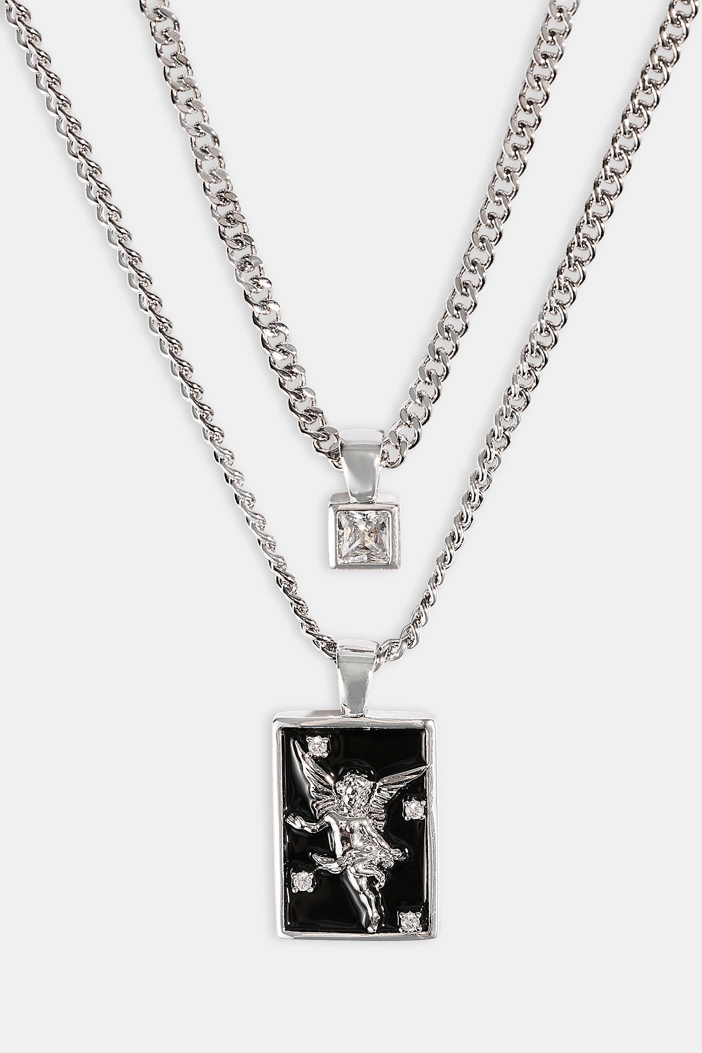 Black Enamel Double Layer Stone & Cherub Pendant Necklace - 20mm - White